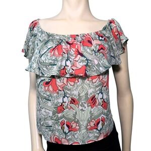 GUESS Blouse Women S Multicolor Excellent Floral‎ Ruffle Off-the-Shoulder Top
